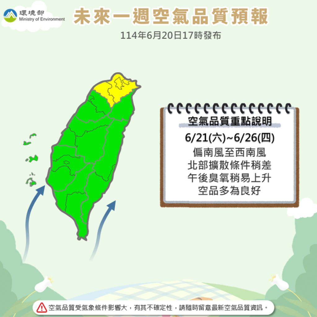 114年6月21日至6月26日空氣品質預報